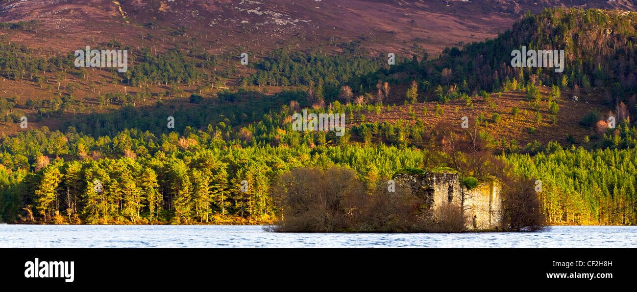 Castello situato sul Loch un Eilein, circondato dalla foresta di Caledonian del Rothiemurchus Estate. Foto Stock