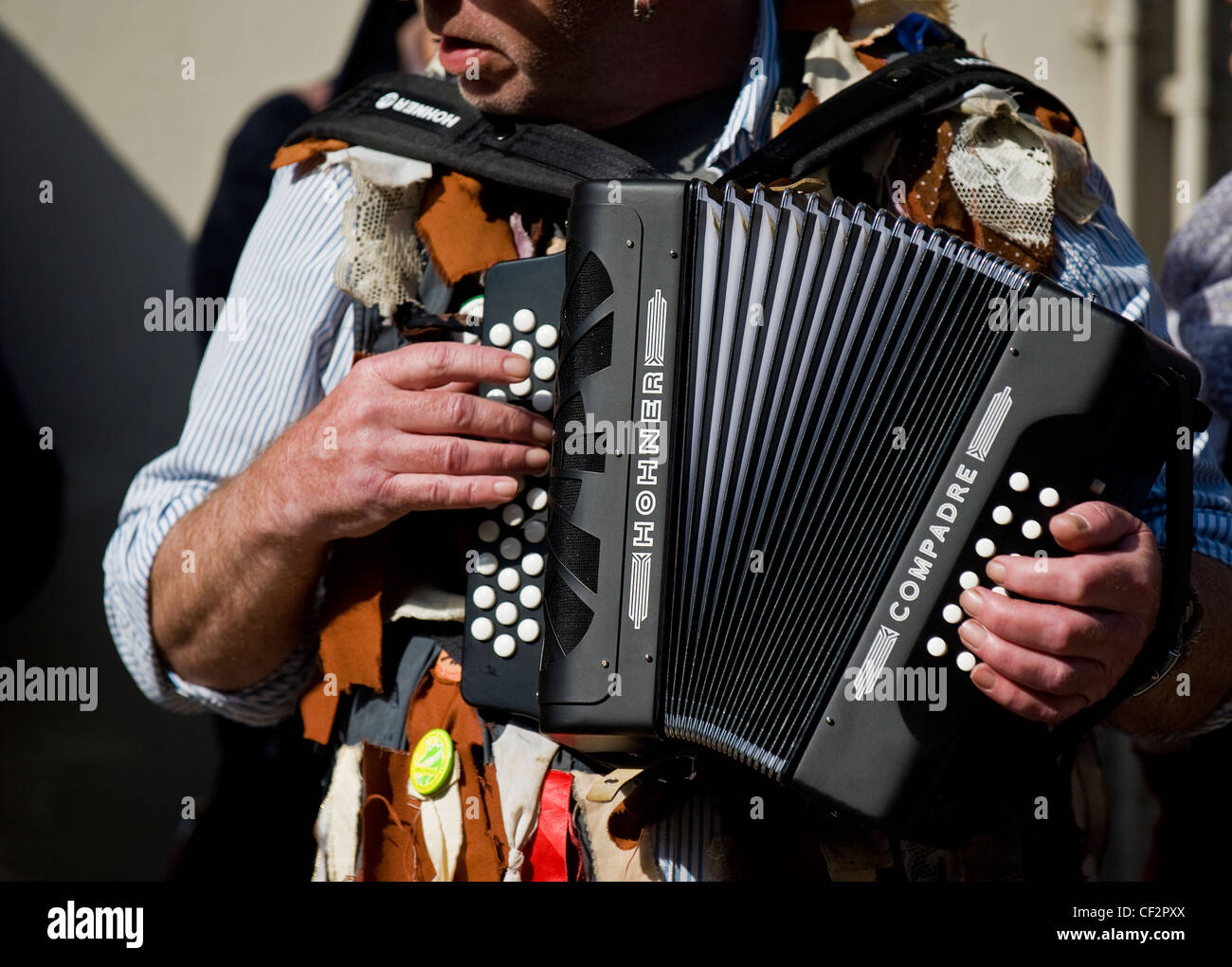 Un musican di suonare la fisarmonica in occasione dell'annuale Festival spazia in Rochester. Foto Stock