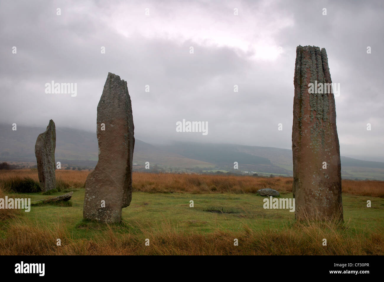 Pietre permanente risalente intorno al 1800-1600 A.C. al Machrie Moor sull'isola di Arran. Foto Stock