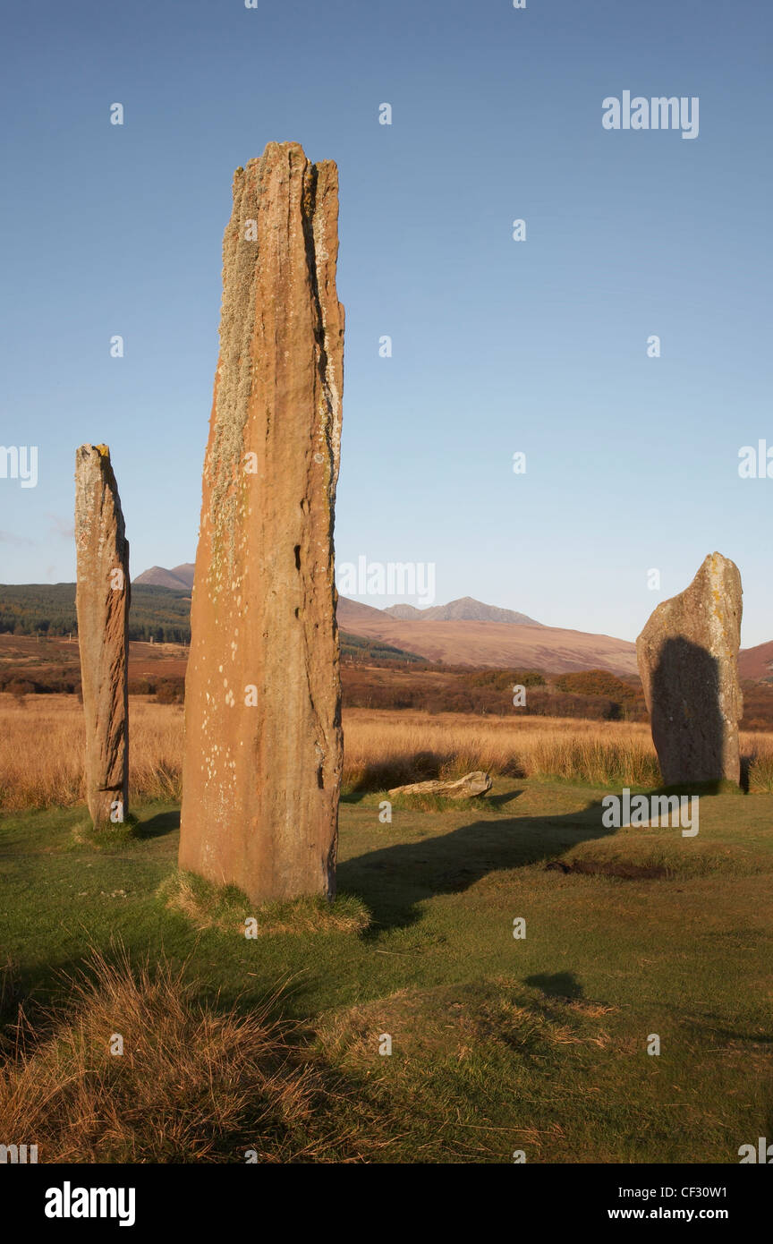 Pietre permanente risalente intorno al 1800-1600 A.C. al Machrie Moor sull'isola di Arran. Foto Stock