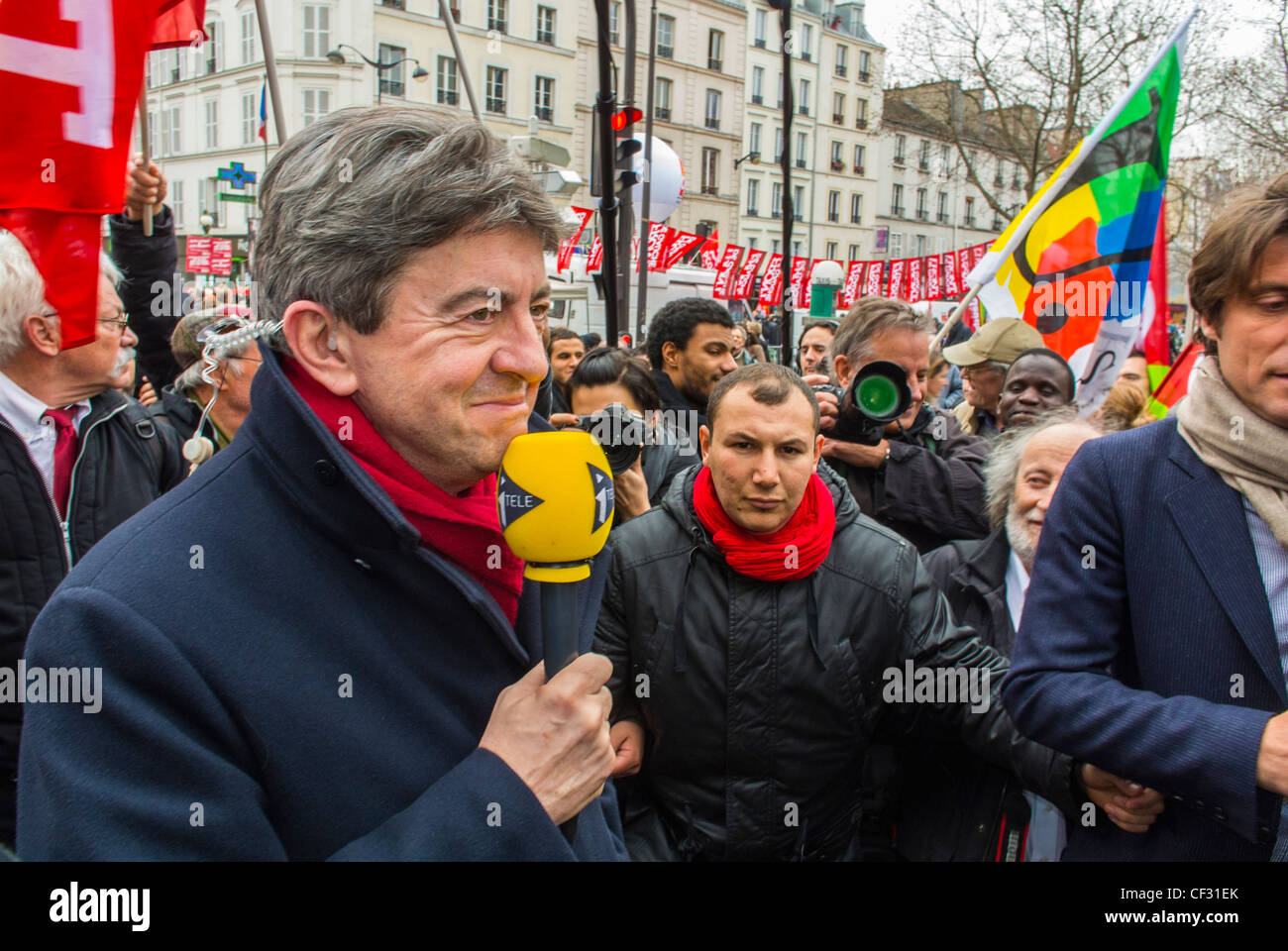 Parigi, Francia, 'Jean Luc Melenchon', il candidato presidenziale in 'Front de Gauche' Party, in Anti-European economica misure di austerità dimostrazione, da sinistra sindacati e partiti politici, Foto Stock