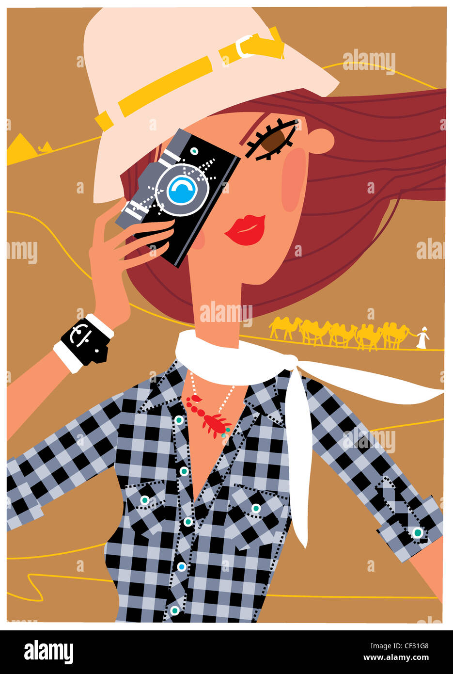 Benessere Oroscopo scorpione illustrazione di una femmina di lunghi capelli rossi, indossando un cappello beige, controllato shirt bianco, sciarpa e Foto Stock