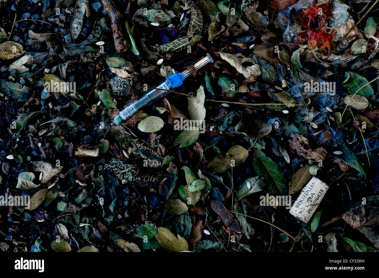 Usato ago ipodermico e tappo di sughero, dal raccordo ferroviario in Francia Foto Stock