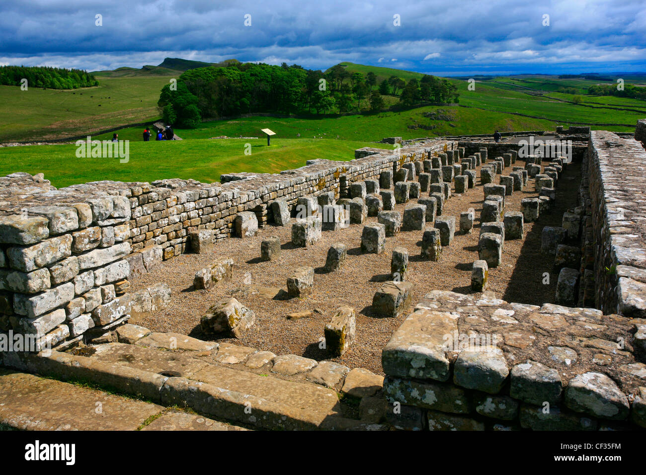 I resti del granaio di Housesteads Roman Fort, il più completo di Roman Fort in Gran Bretagna il vallo di Adriano. Foto Stock