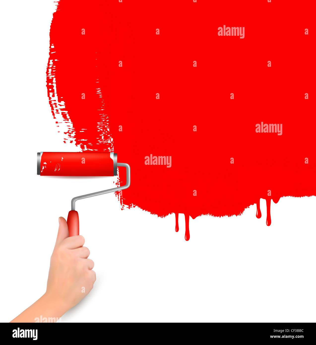 Mano con rullo rosso dipinto il muro bianco Foto Stock