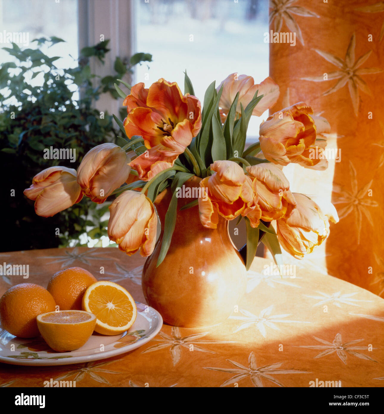 Offerta Tulip Time salmone tulipani pappagallo hanno un piacevole colore arancione di colore giallo arancio vaso sul tavolo un piatto di arance accanto a Foto Stock