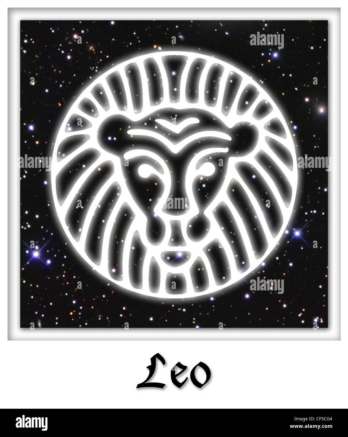 Una illustrazione di una linea bianca il disegno di una testa di leone, impostato sullo sfondo di un cielo stellato Foto Stock