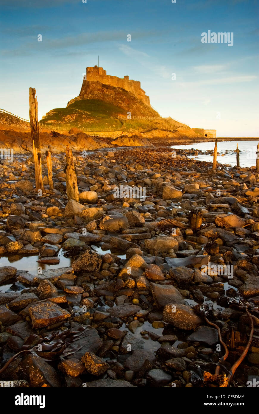 Una vista del Santo Isola di Lindisfarne. Il mare del Nord off Lindisfarne fornisce un pericoloso vivere per un piccolo numero di locali Foto Stock