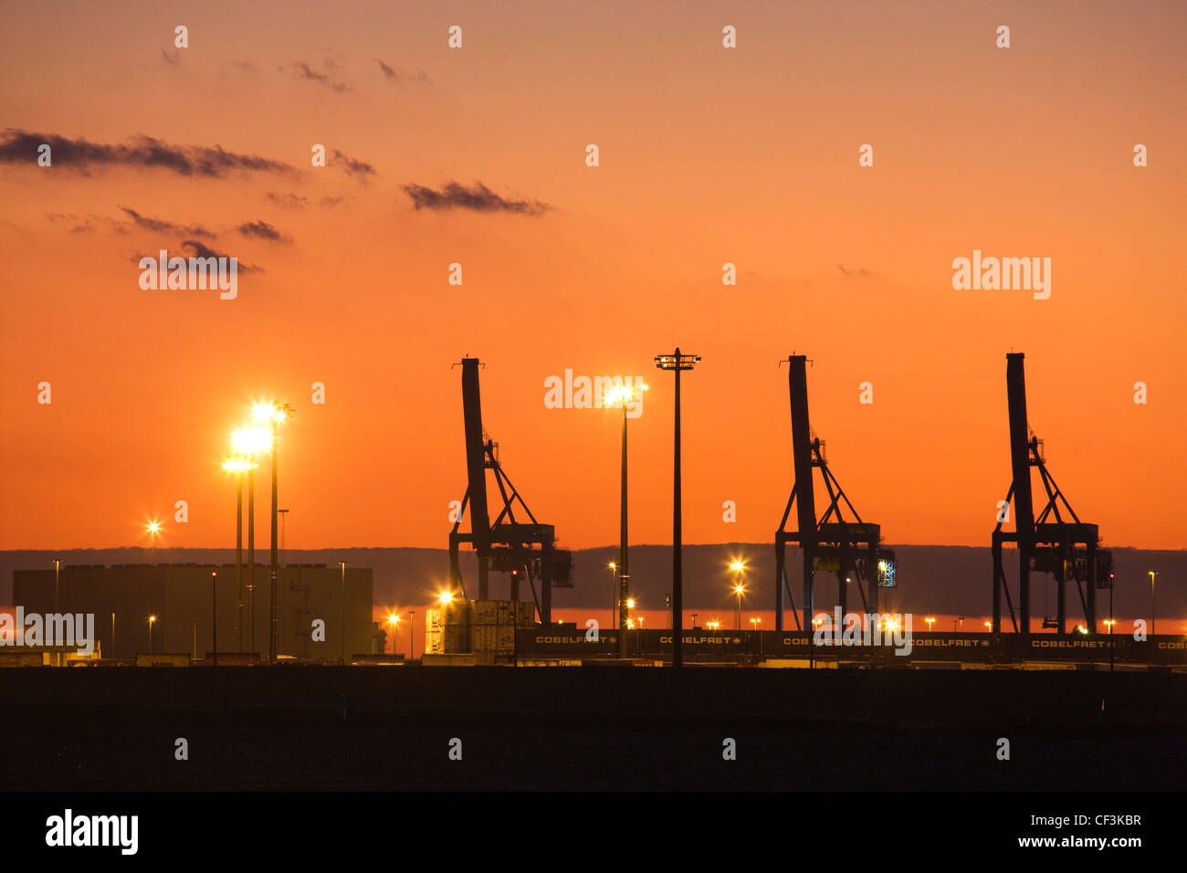 Gru e container terminal a Zeebrugge Mare del Nord del porto al tramonto, Belgio Foto Stock