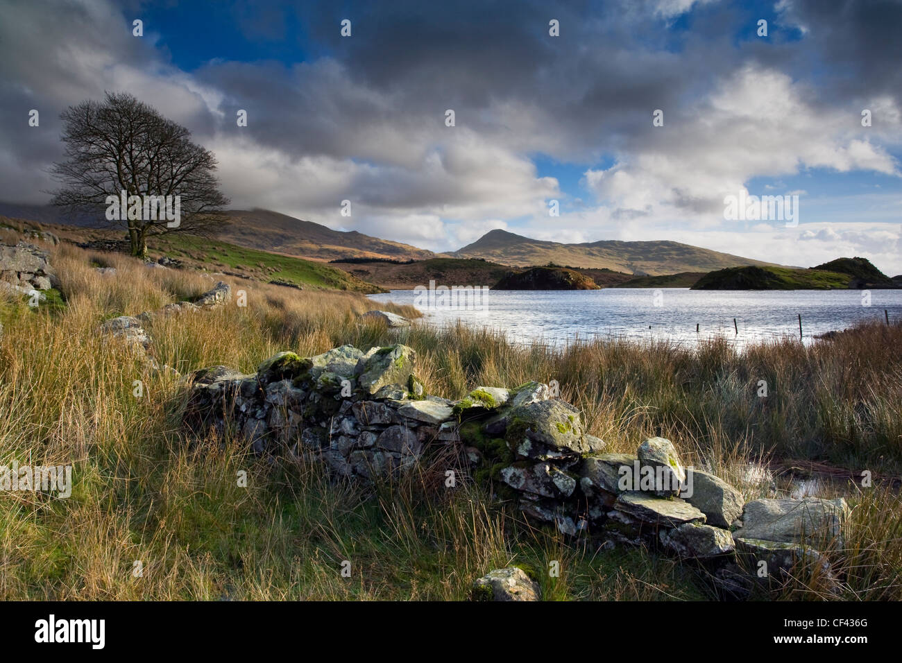Vista sul lago remoto, Llyn Dywarchen, verso il piccolo villaggio nascosto di Rhyd Ddu. Foto Stock