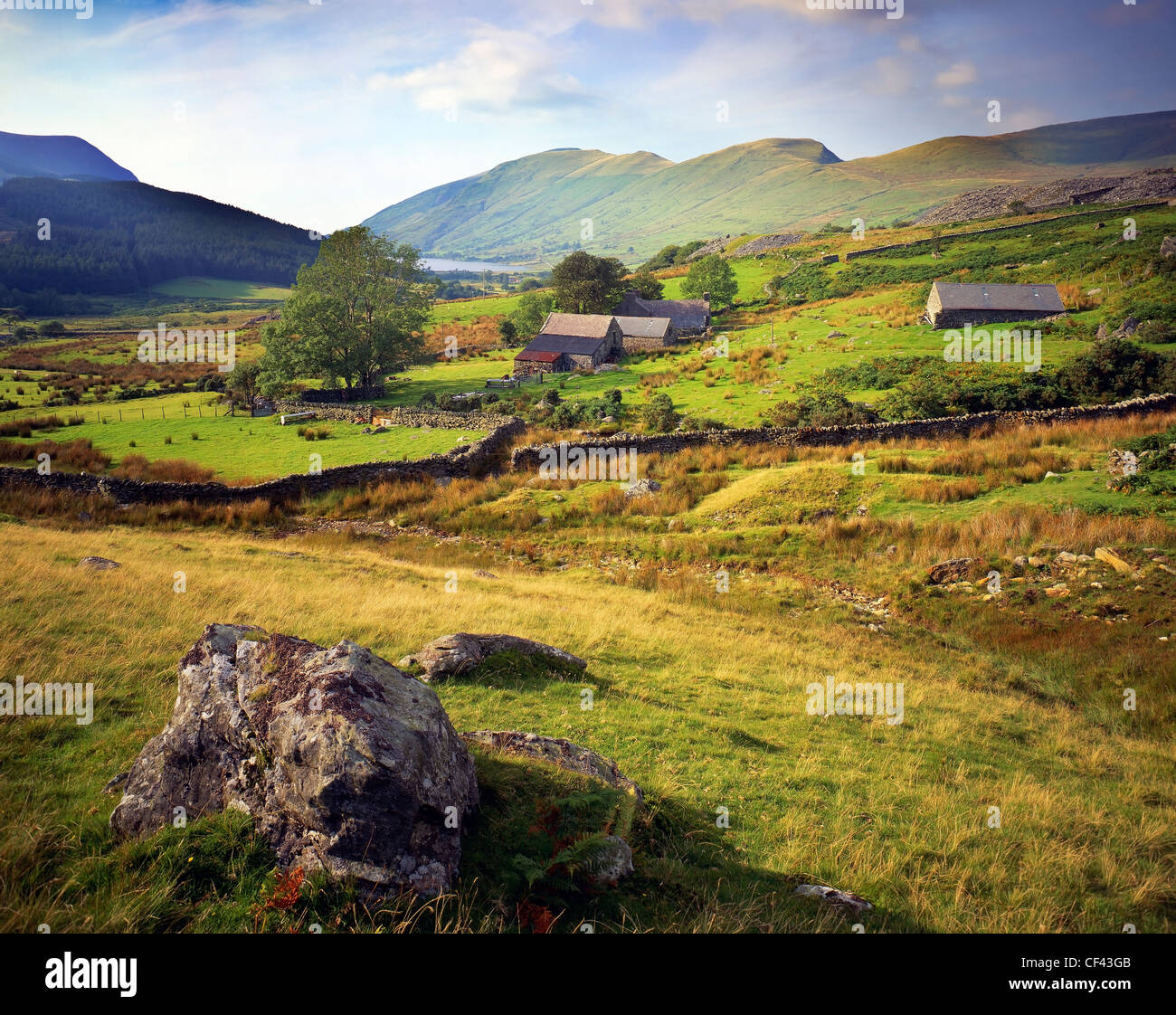 Guardando ad ovest attraverso terreni coltivati sulle pendici dei monti di Snowdonia. Foto Stock