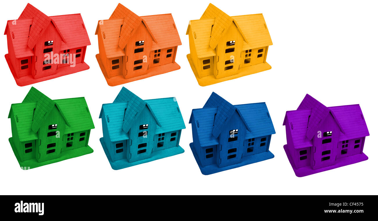 Modello di case in colori del arcobaleno, collage Foto Stock