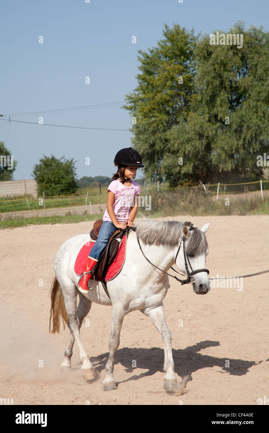 Bambina in sella ad un cavallo e assunzione di equitazione lezioni all'aperto. Foto Stock
