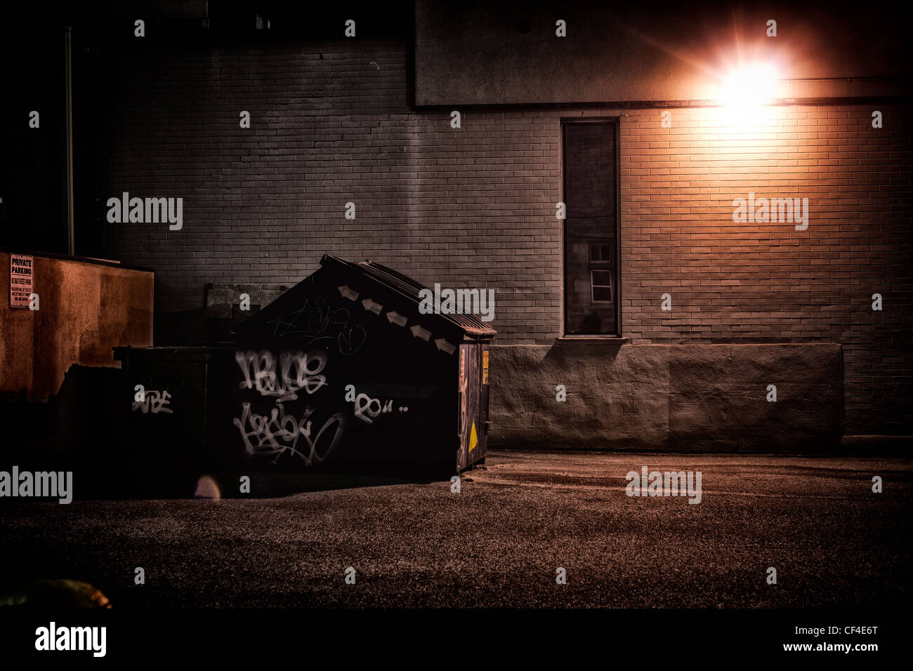 Una sporca, oscuri e pericolosi guardando indietro urbano-vicolo di notte con l'immondizia cassonetto. Foto Stock
