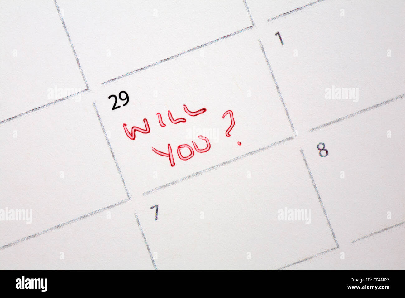 29 febbraio anno bisestile con messaggio vuoi? scritto sul calendario - proposta per l'anno bisestile Foto Stock