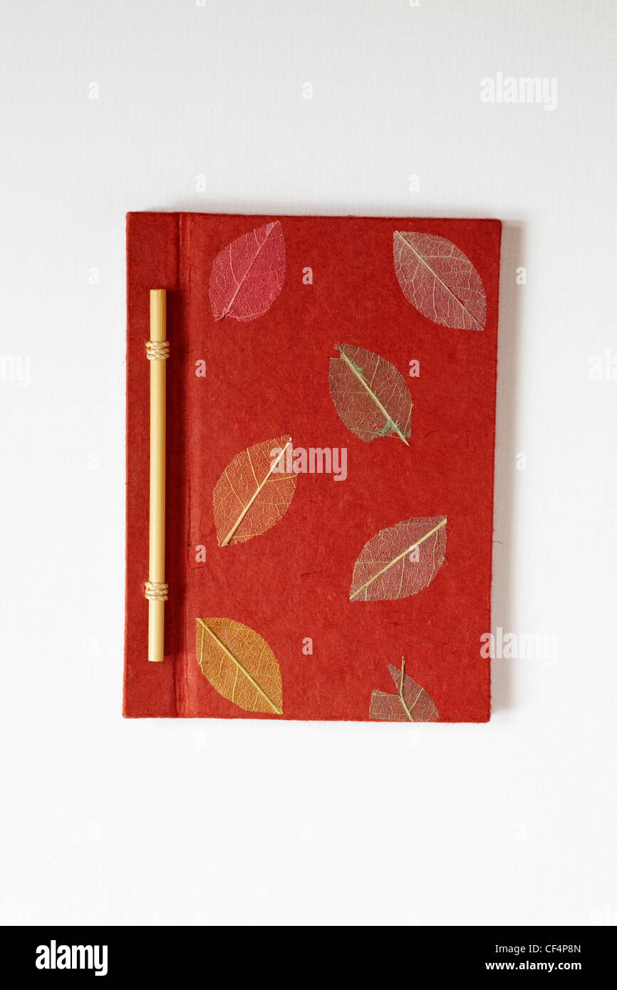 Scheletri di foglia sul coperchio della mano rossa predisposto coperchio libro isolato su sfondo bianco Foto Stock