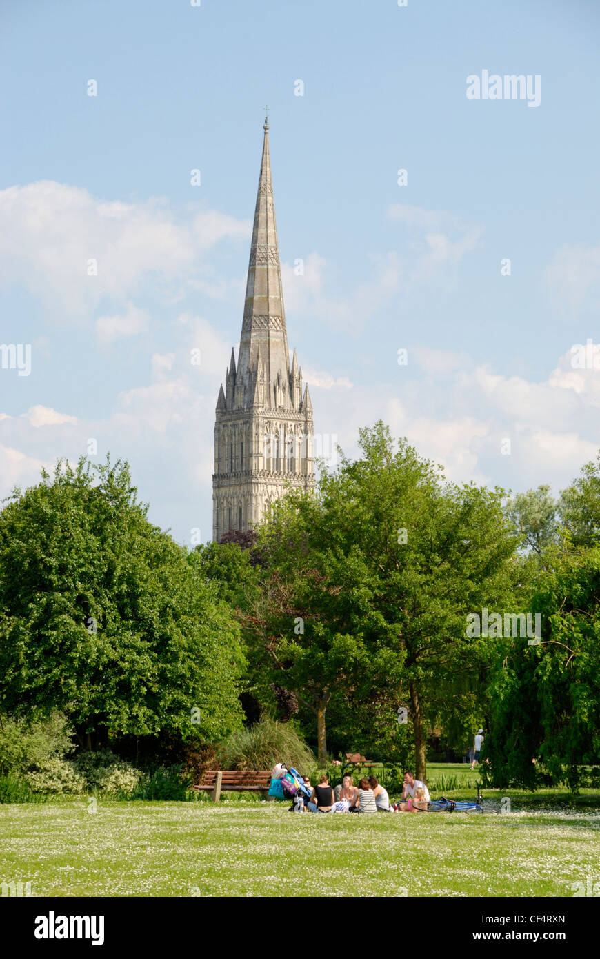 Picnic in Queen Elizabeth giardini con la Cattedrale di Salisbury in distanza. La cattedrale ha il più alto chiesa guglia in th Foto Stock