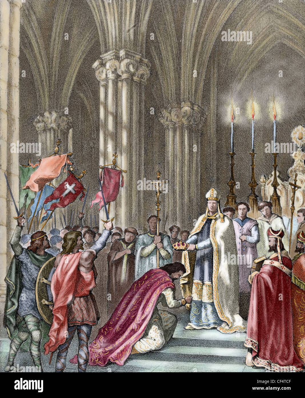 Alfonso VII (1105-1157), chiamato l'imperatore. Cerimonia con la sua proclamazione come Imperatore di Spagna nella cattedrale di Leon, 1135. Foto Stock