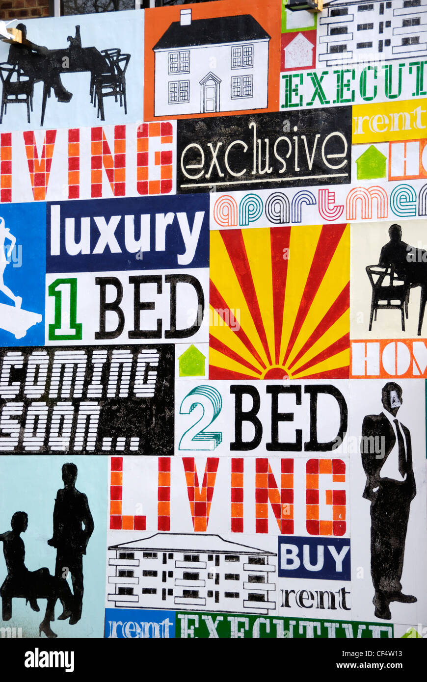 Close up di un colorato per la pubblicità tramite Affissioni 1 di lusso e gli appartamenti a 2 letti in Shoreditch. Foto Stock