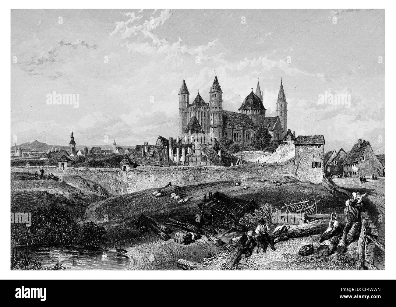 Cattedrale di St Peter Wormser Dom chiesa Worms Germania basilica cattolica torri rotonde cupole di arenaria rossa epoca gotica Foto Stock