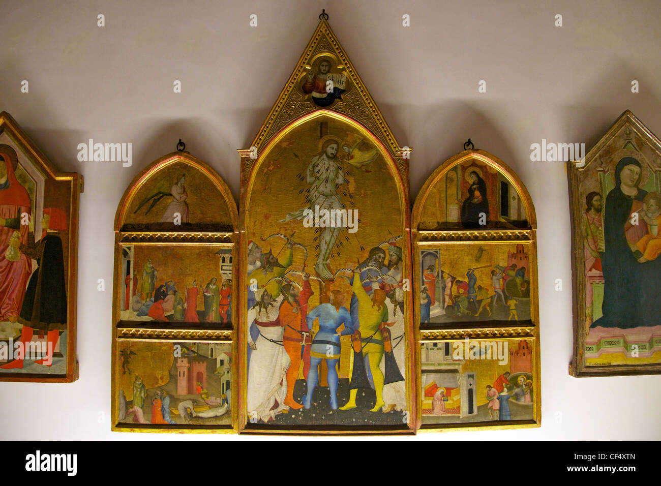 Il Martirio di San Sebastiano e le scene della sua vita, 1370, Giovanni del Biondo, Museo dell'Opera del Duomo di Firenze Foto Stock