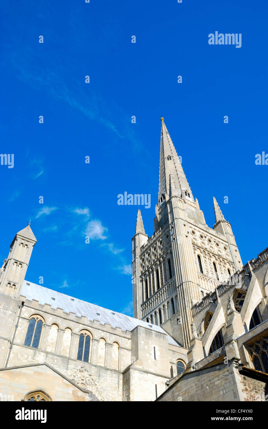 Norwich Cathedral, una chiesa di Inghilterra Cattedrale con una bella torre normanna, terminata nel 1145. Foto Stock