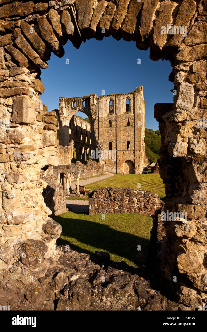 Le rovine di Rievaulx Abbey, un ex abbazia cistercense fondata nel 1132 e sciolto da Enrico VIII nel 1538. Foto Stock