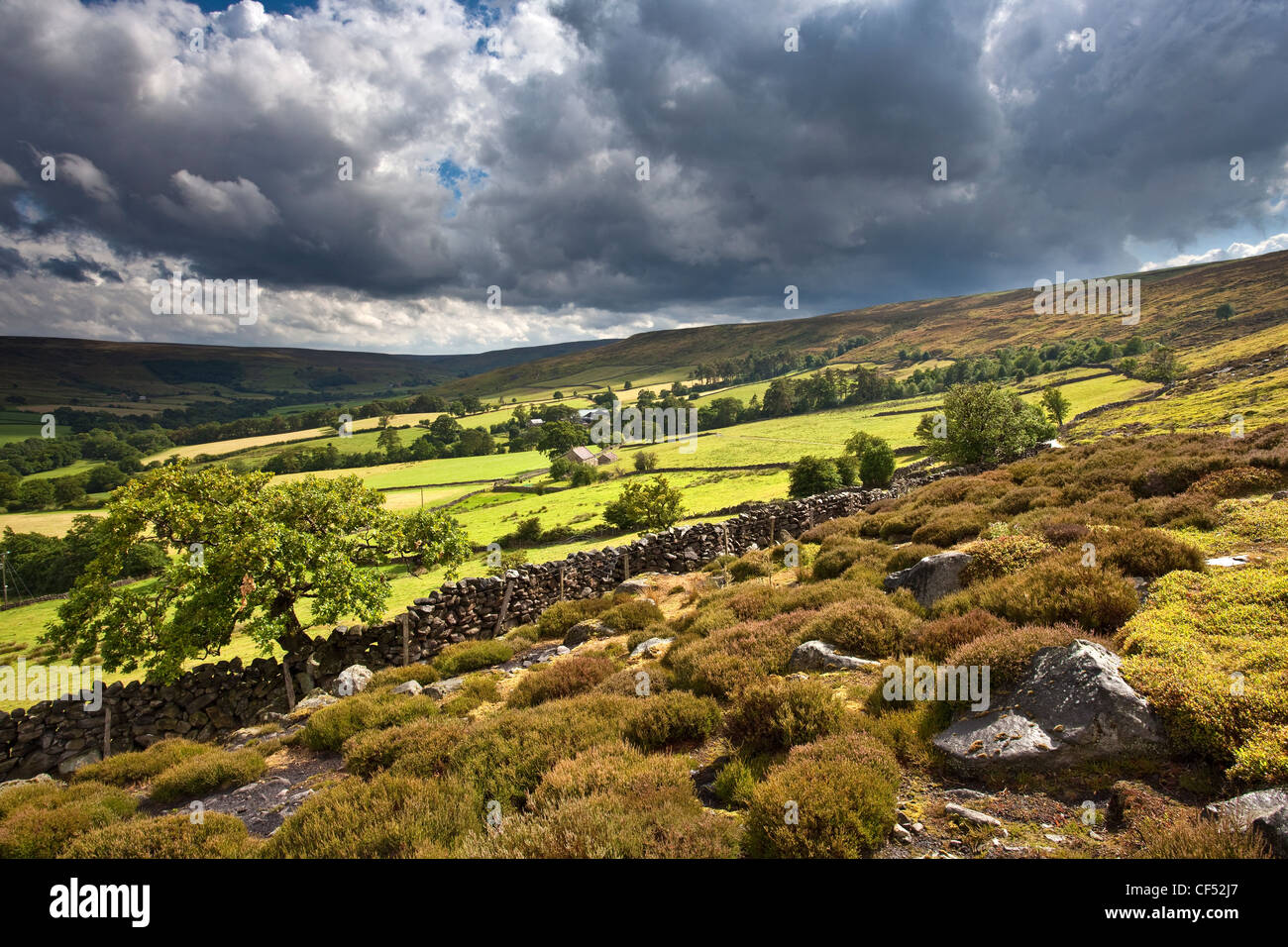 Nuvole scure su Westerdale nel North York Moors National Park. Foto Stock