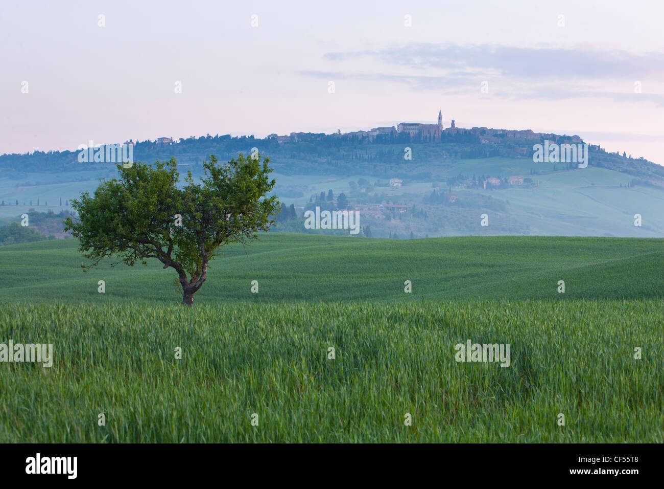 L'Italia, Toscana, Pienza, vista del borgo antico di foschia mattutina Foto Stock