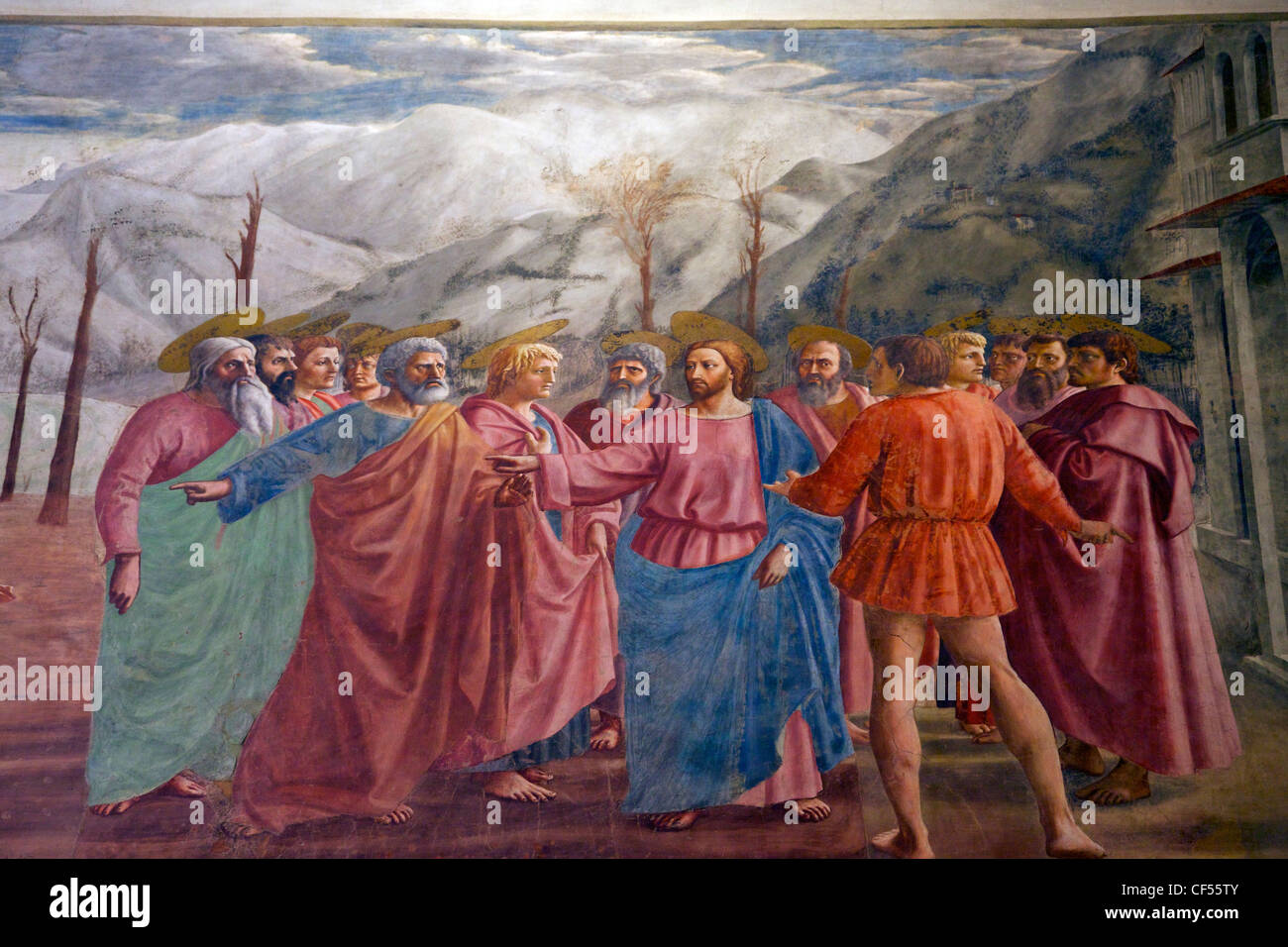 Il tributo di denaro, da Masaccio, Cappella Brancacci, Cappella dei Brancacci Santa Maria del Carmine di Firenze, Toscana, Italia Foto Stock