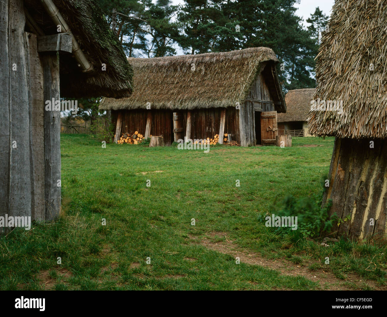 West Stow villaggio anglosassone, un villaggio sperimentale costruito sul sito di scavo di un inizio di insediamento medievale in uso 420-65 Foto Stock