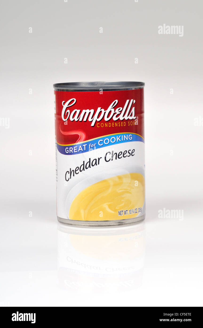 Stagno non aperti di Campbell del formaggio cheddar zuppa su sfondo bianco tagliato fuori degli Stati Uniti. Foto Stock