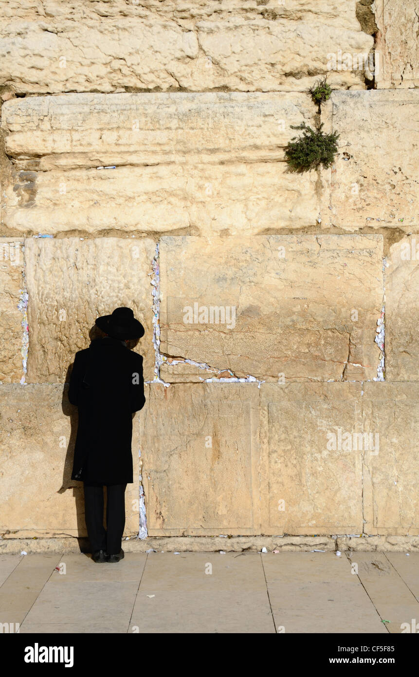 Un ebreo ortodosso preghiere presso il Muro Occidentale di Gerusalemme, Israele. Foto Stock