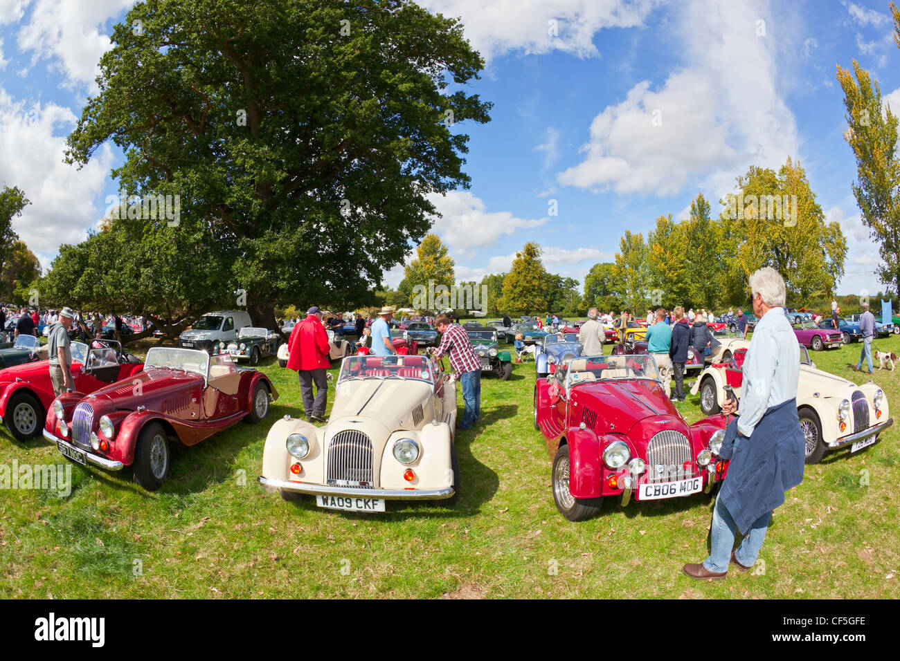 Una fila di Morgan auto sportive sul display al Thornfalcon Classic Car Meeting. Foto Stock