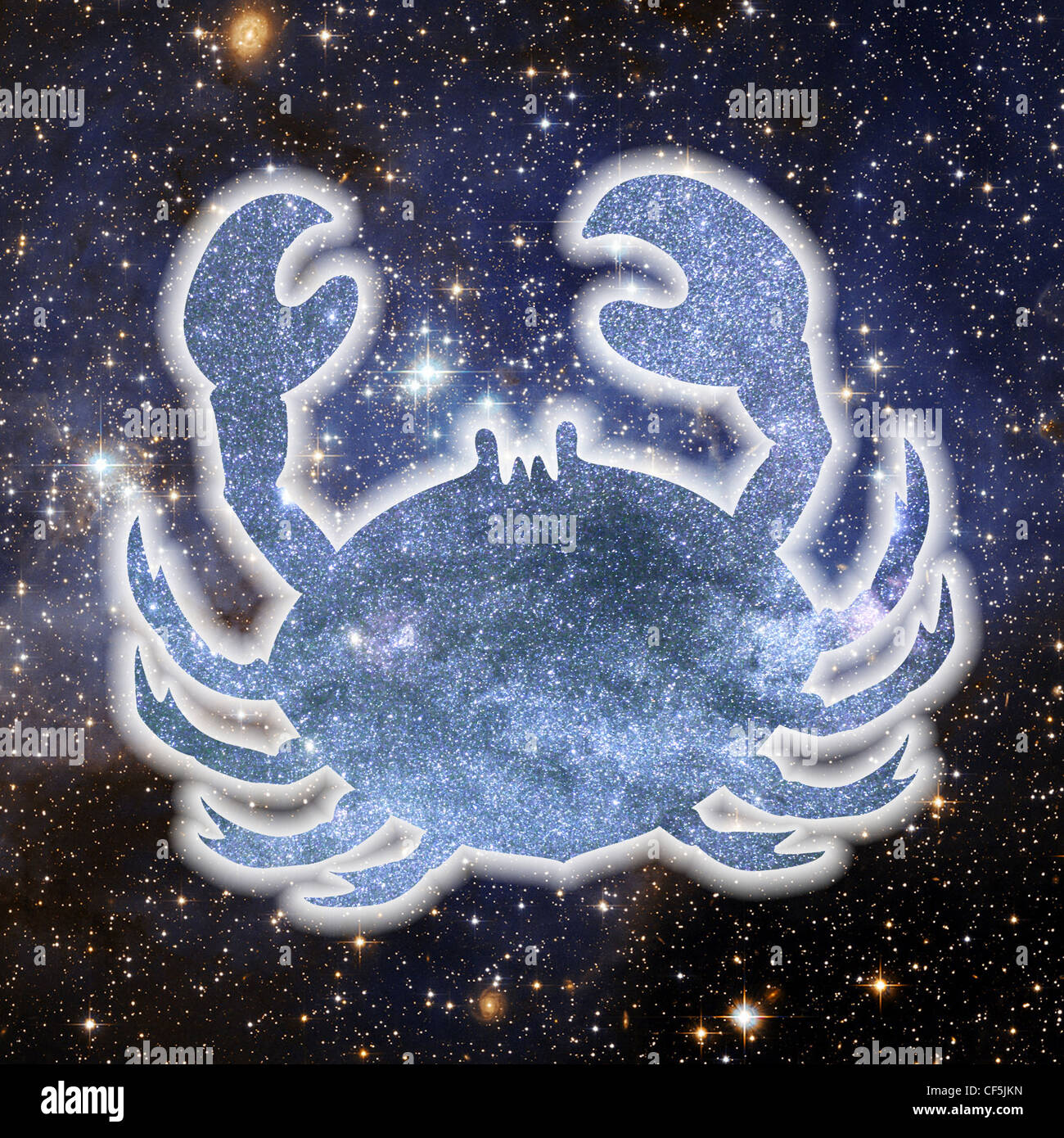 Una illustrazione della silhouette di un granchio composta di stelle, impostata su uno sfondo di spazio riempito di stelle Foto Stock