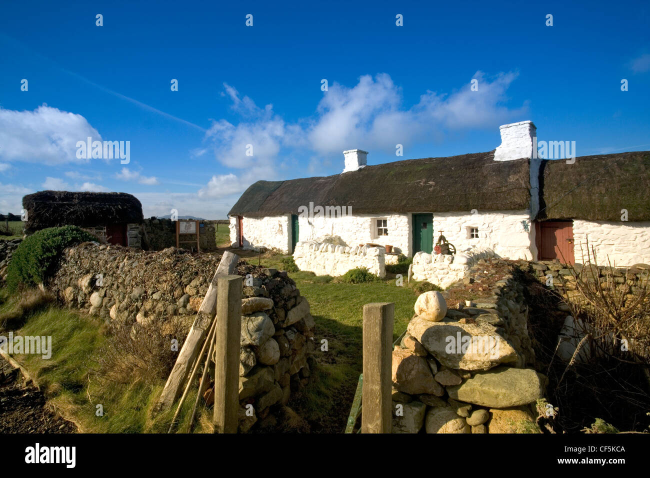 Una vista di Swtan. Swtan è l'ultimo cottage con il tetto di paglia su Anglesey ed è stato completamente ristrutturato come un folk museum dal Nationa Foto Stock