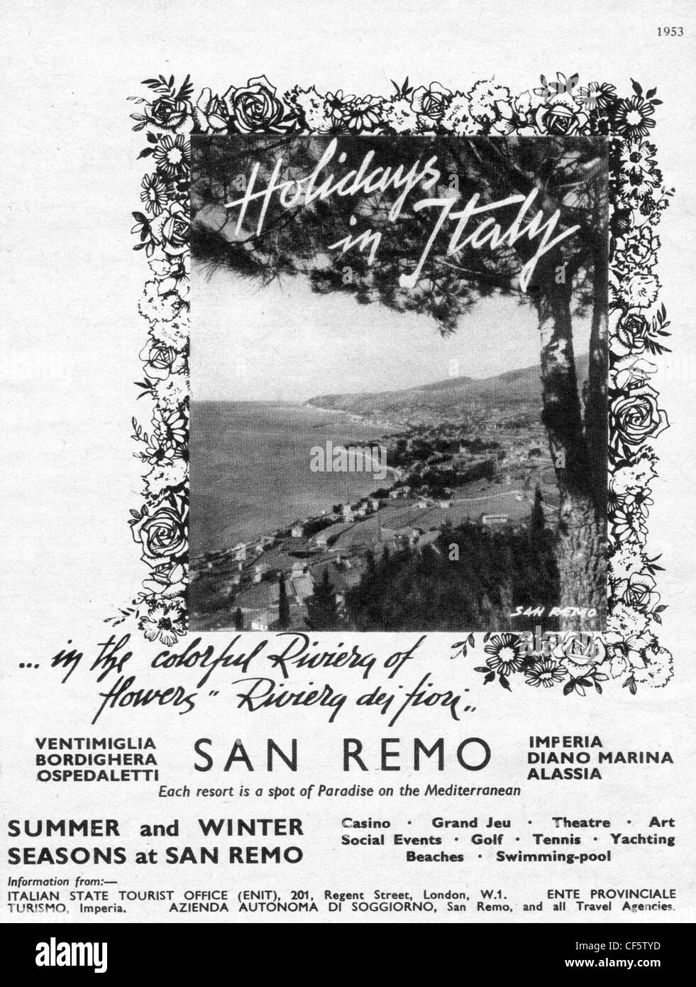 Annuncio vacanze per San Remo, Italia nel 1953 Foto Stock