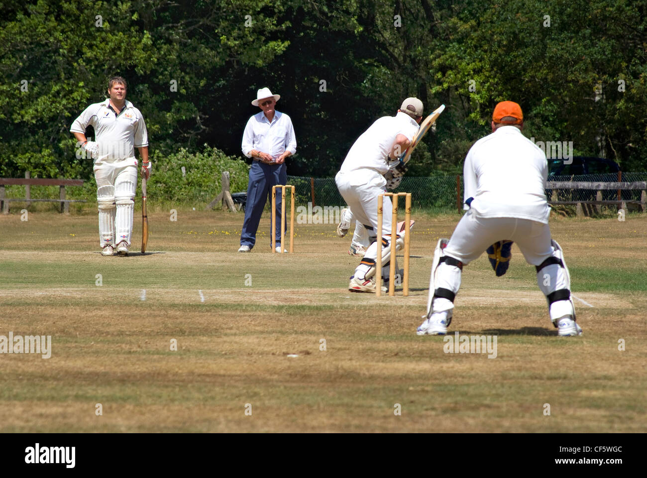 Cricket sul villaggio verde a Headley. Foto Stock