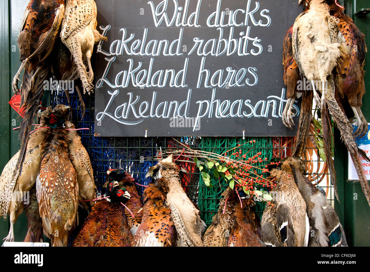 Bretelle di Lakeland fagiani sul display da uno stallo nella Borough Market. Foto Stock