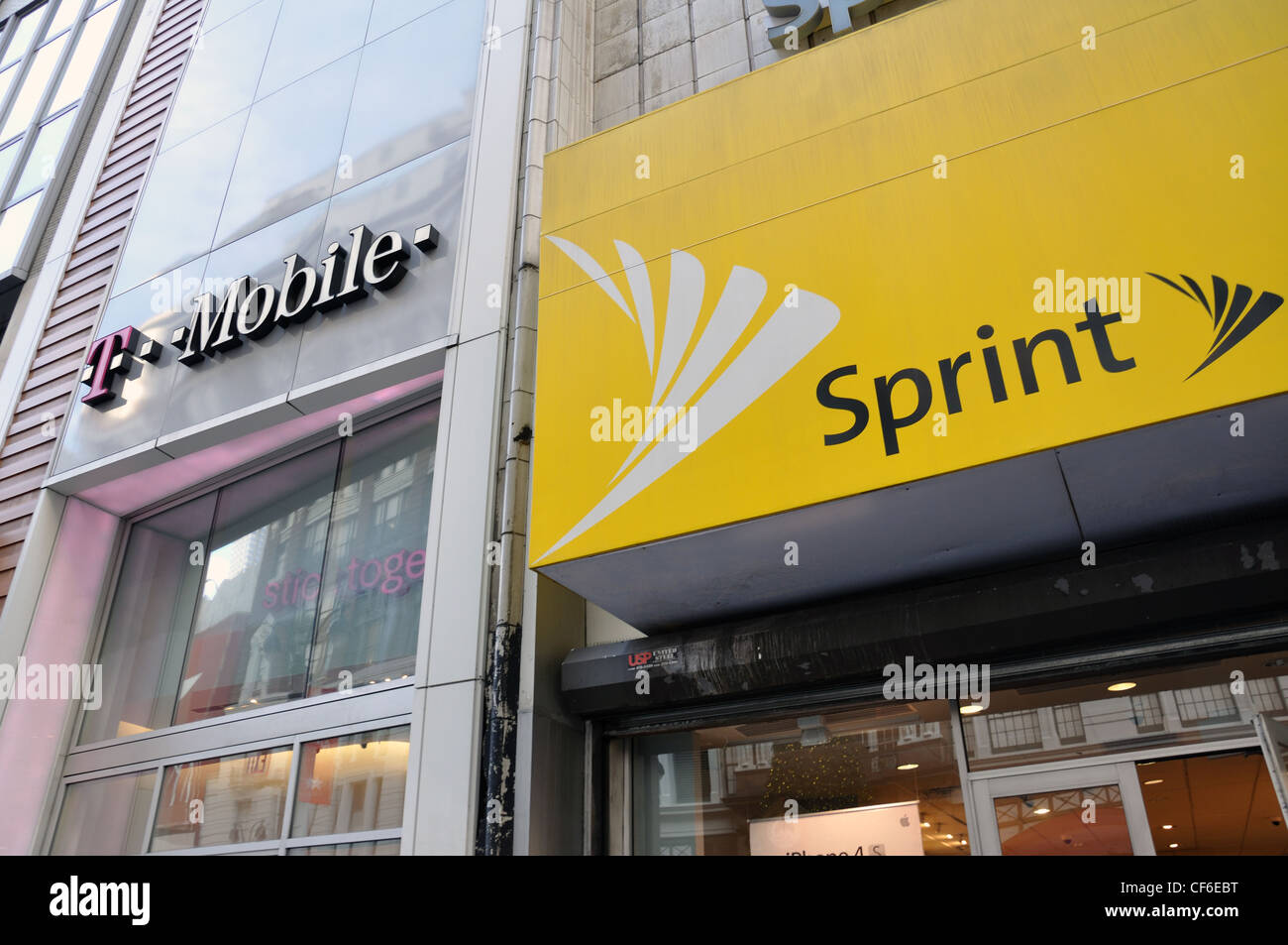 Sprint e T-Mobile memorizza, Manhattan, New York, Stati Uniti d'America Foto Stock