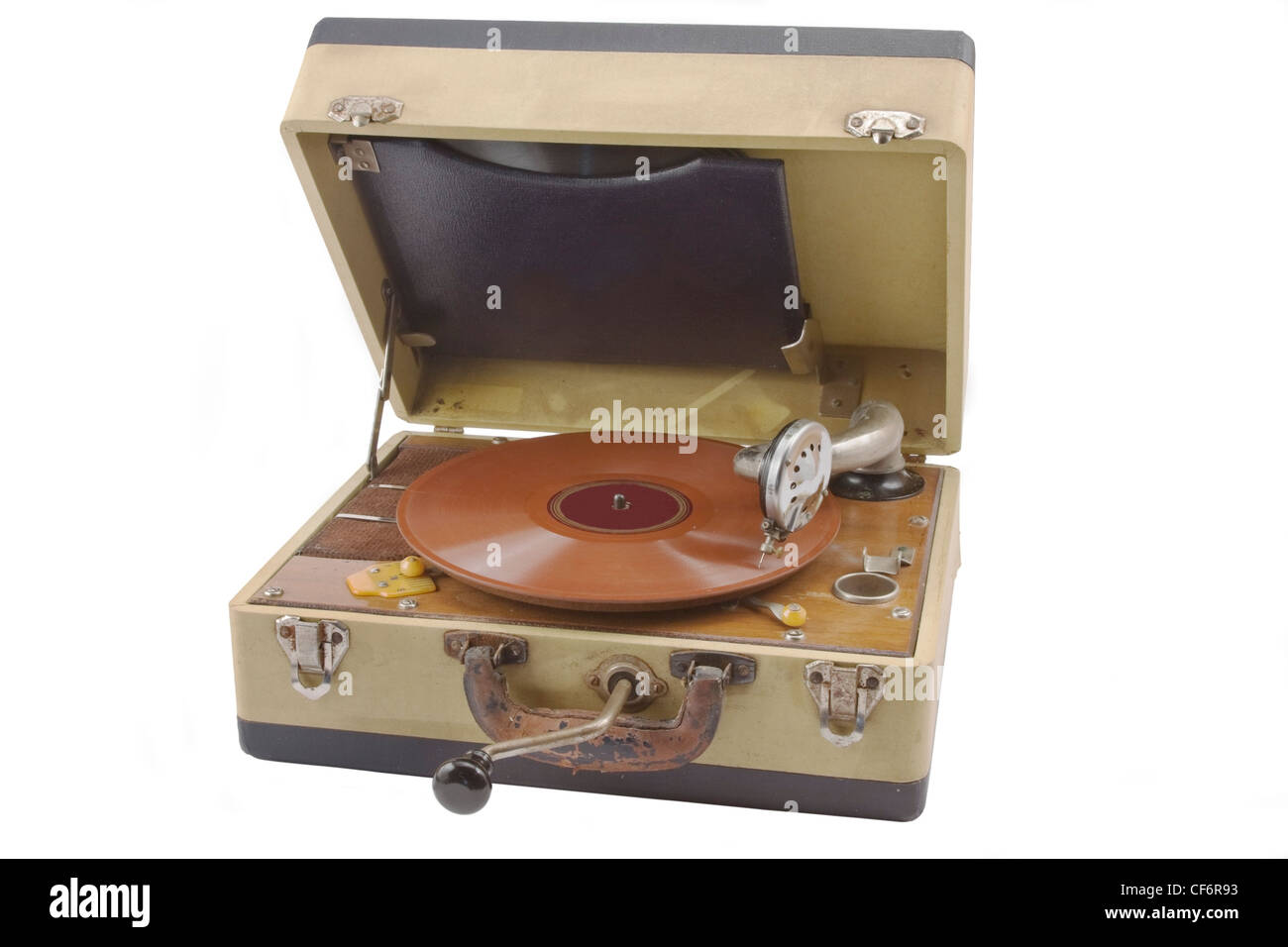 Vecchia manovella disco fonografico player. Foto Stock