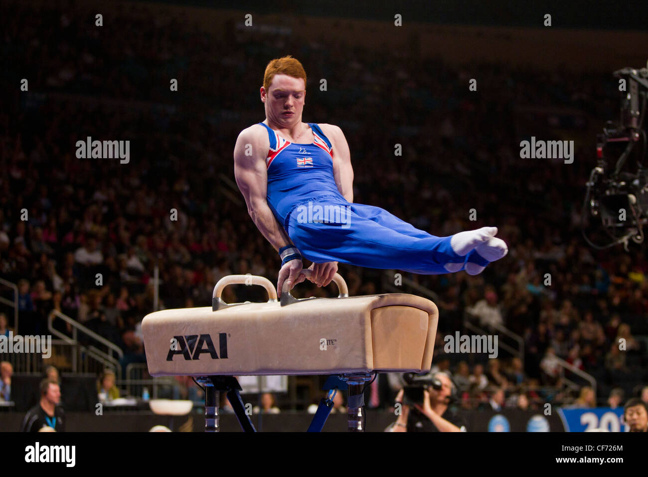 Daniel Purvis (GBR) compete nel cavallo evento al 2012 American Cup ginnastica Foto Stock