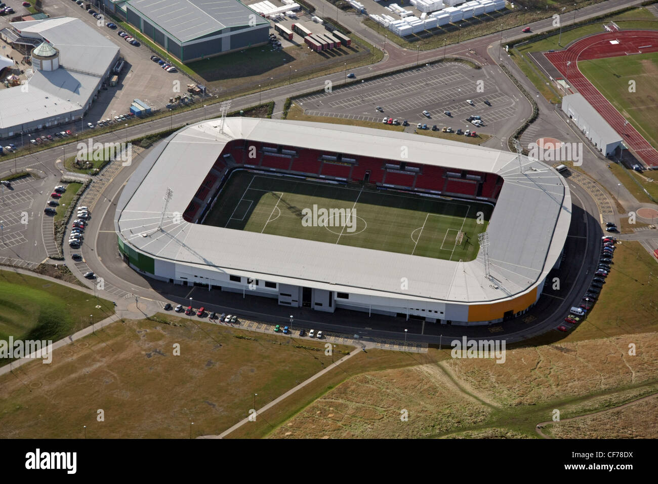 Veduta aerea del campo da calcio di Doncaster Rovers - l'Eco-Power Stadium Foto Stock