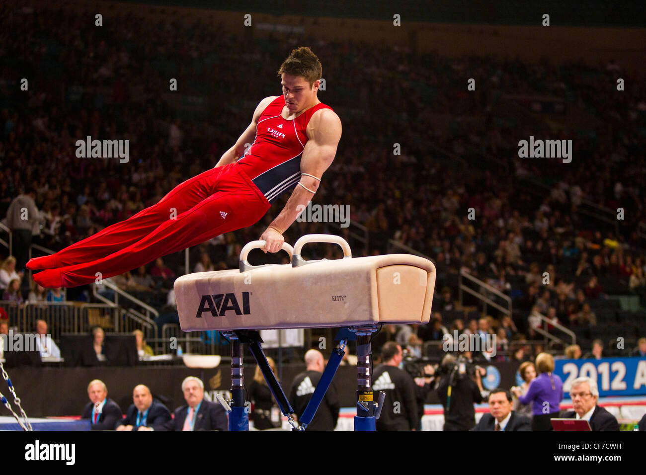 Chris Brooks (USA) compete in una mostra sul cavallo al 2012 American Cup ginnastica Foto Stock