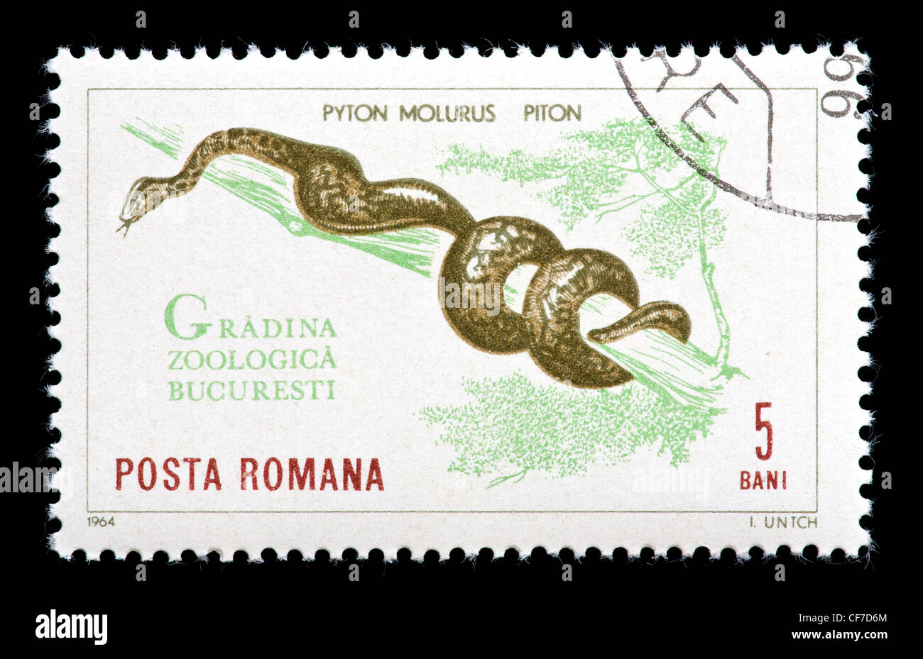 Francobollo dalla Romania raffigurante un python (Python molurus), rilasciato per la Zoo di Bucarest Foto Stock