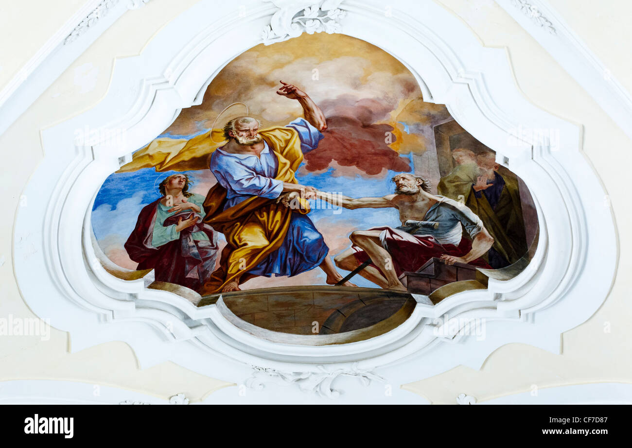 Interno della chiesa di San Carlo Borromeo al Corso a Noto: affresco sul soffitto Foto Stock