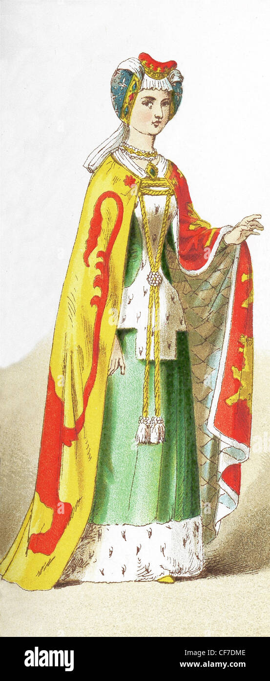 Questa illustrazione mostra una signora inglese di rango che ha vissuto tra A.D. 1300 e 1400. L'illustrazione risale al 1882. Foto Stock