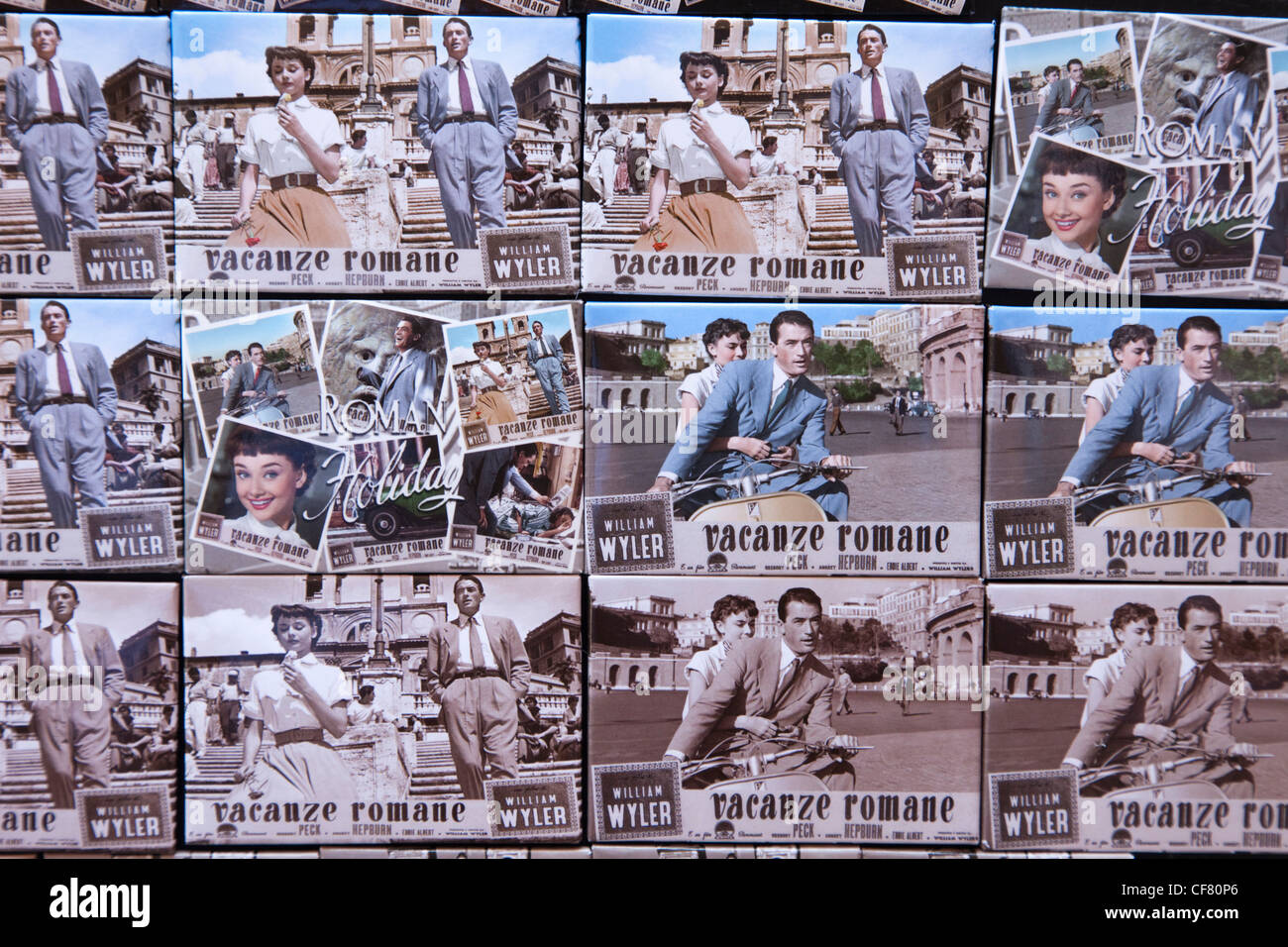 L'Europa, Italia, Roma, magneti per il frigo, souvenir, Vacanze Romane, Audrey Hepburn, Gregory Peck, turismo, vacanze, ferie Foto Stock
