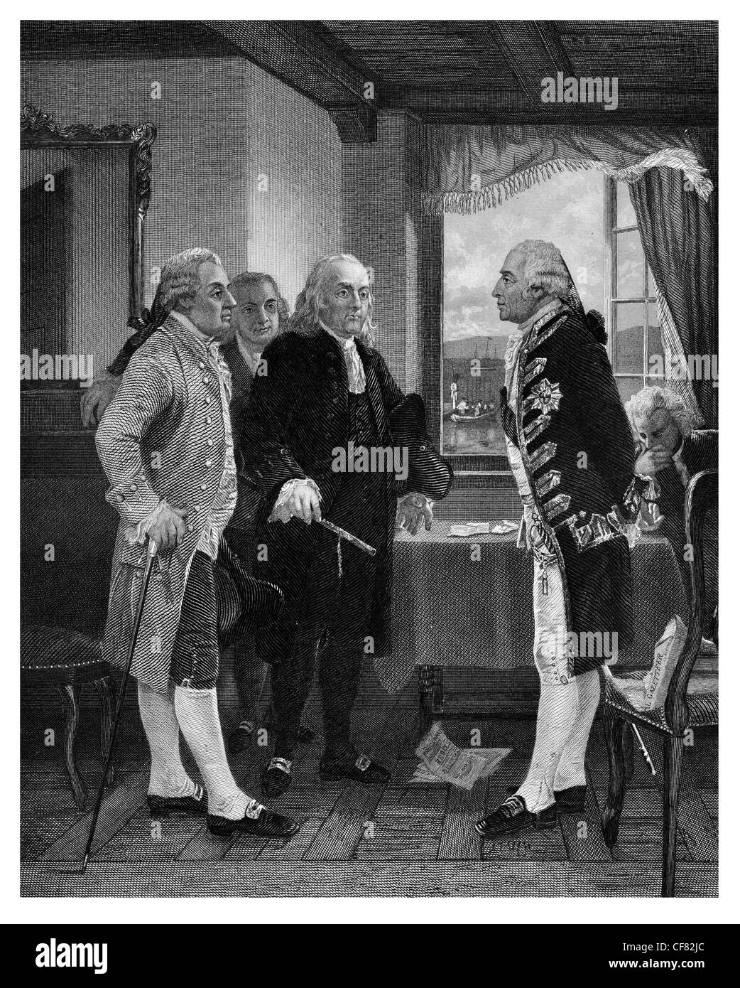 Intervista tra Lord Howe e Comitato del Congresso 1776 Benjamin Franklin, John Adams, Edward Rutledge Perth Amboy Foto Stock