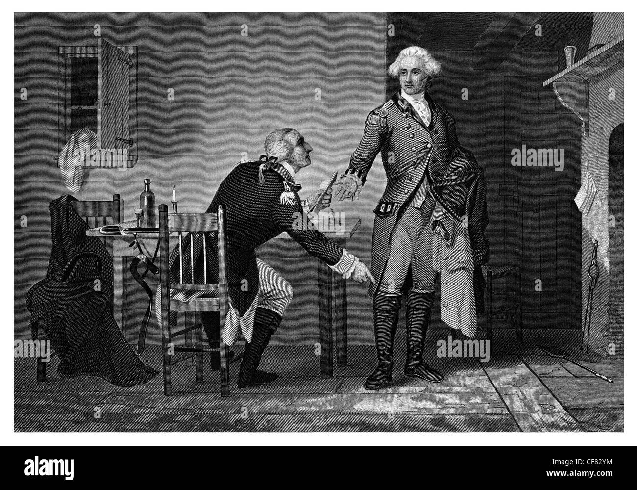 Generale Benedict Arnold fornisce informazioni di maggiore britannico John Andre 1741 1801 Foto Stock